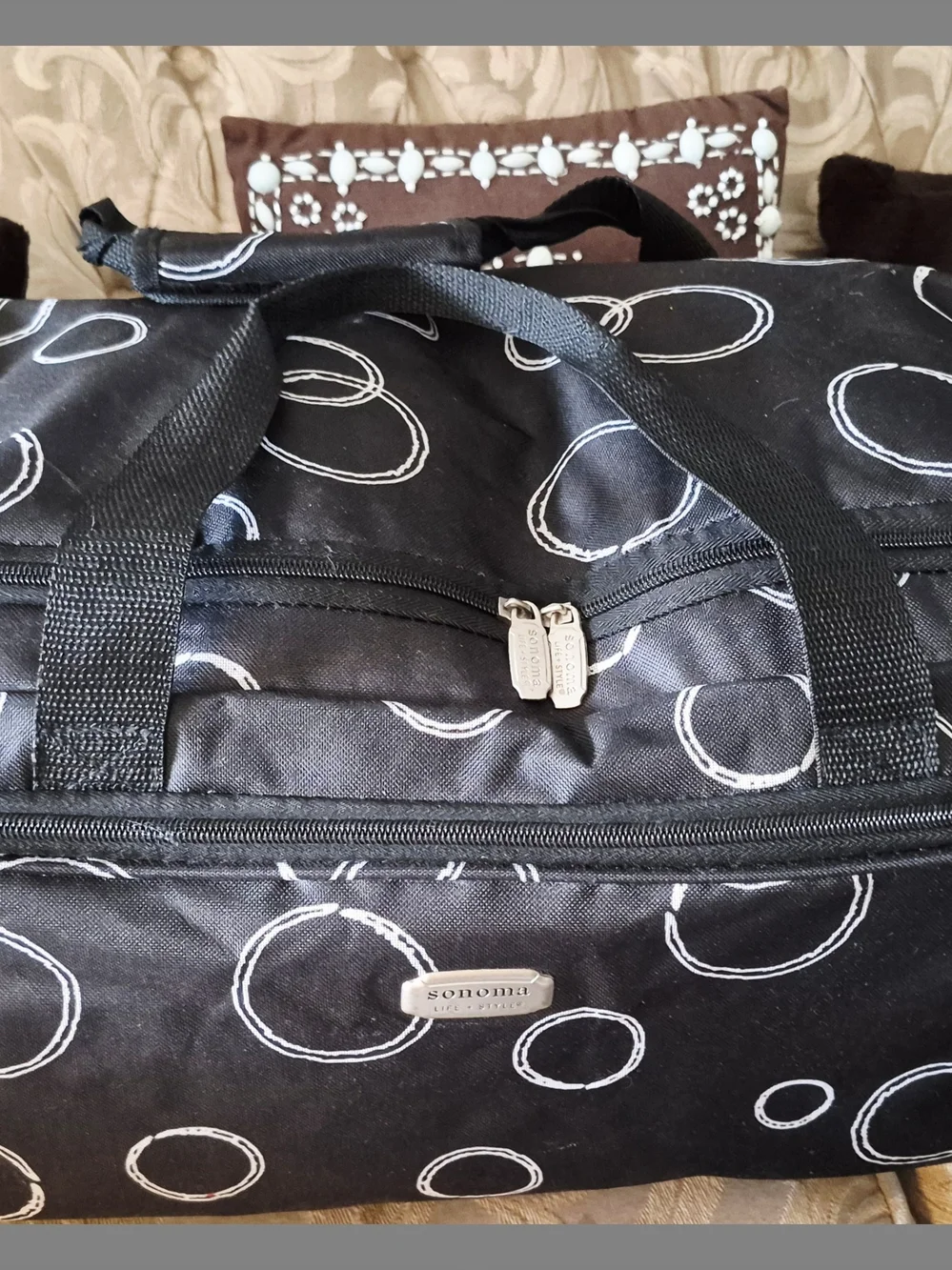 Sonoma Black/White Infinity Circle Rolling Woven Nylon Duffle Travel Bag